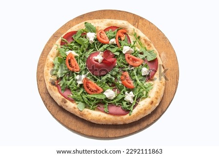 Pizza isolated on white background directly above view, with omatoes, mozzarella, cheese, bresaola and arugula