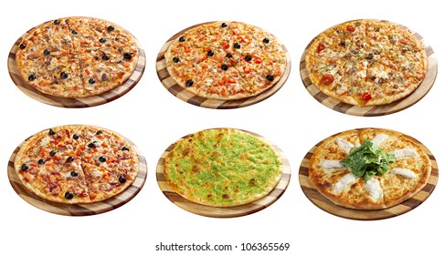 Pizza and italian kitchen. Studio. Isolated on white background. collage