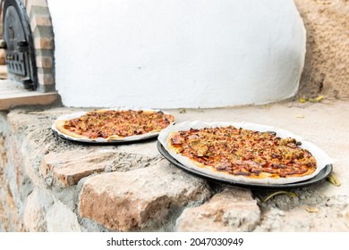 Pizza Made In A White Painted Artisan Wood Oven Built On The Outside