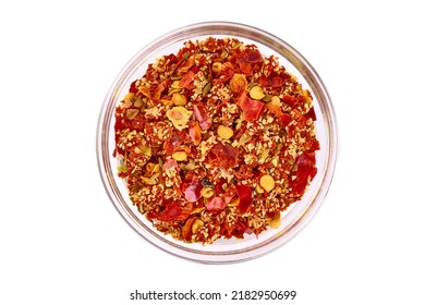 Pizza Margherita Condiments, Top View, Isolated On White Background