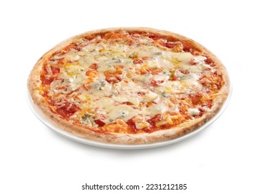 Pizza Margherita - Four Cheese Pizza – Authentic Italian Food, Plate, Close Up, Isolated on White Background -  Cheddar, Parmigiano, Mozzarella, Blue Cheese  - Powered by Shutterstock