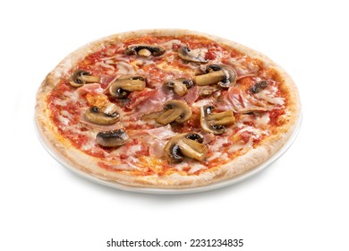 Pizza Margherita - Ham and Mushrooms Pizza – Authentic Italian Food, Plate, Close Up, Isolated on White Background -  Ham, Champignon mushrooms, Mozzarella