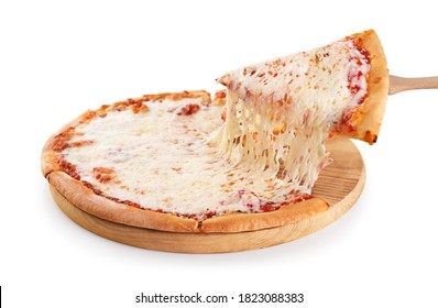 Pizza Margherita isolated on white background. Take a slice of pizza with melted cheese.