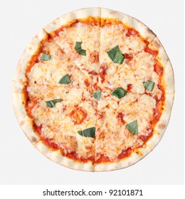 Pizza margherita isolated over white background. Top view.