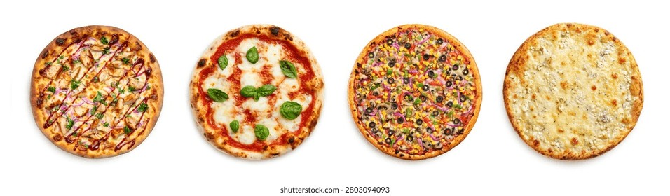 pizza menu. pizza set and collection. different whole round pizzas on white background. pizza collection isolated on white background.