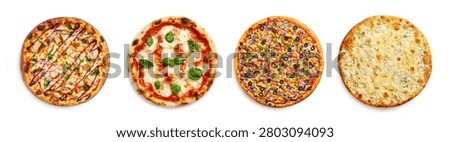 pizza menu. pizza set and collection. different whole round pizzas on white background. pizza collection isolated on white background.