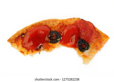 pizza with a missing bite on white background