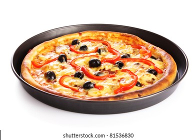 Pizza In Pan Isolated On White