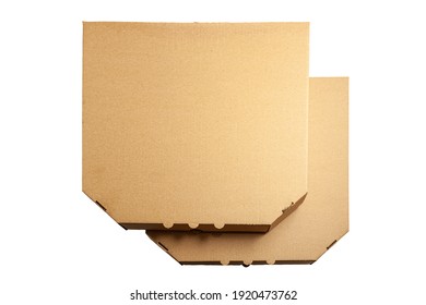 Pizza paper boxes isolated on a white background. Empty pizza cardboards. Front view Packaging.