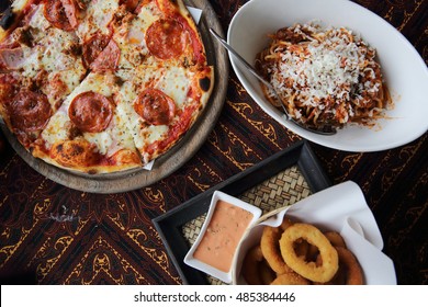 Pizza Pasta And Onion Ring On Top View