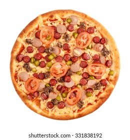 Pizza With Pastrami, Tomatoes, Cucumber, Ground Beef And Sausage Isolated On White