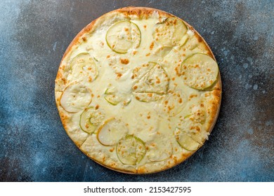 Pizza With Pears And Gorgonzola Cheese On Dark Blue Stone Table Top View