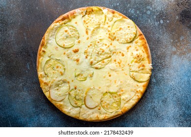 Pizza With Pears And Gorgonzola Cheese On Dark Blue Stone Table Top View