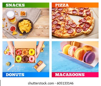 Pizza Pepperoni, Donuts And Macaroons. Glass Of Beer. Nachos Chips. Tortilla Snack. Mexican Salsa Nuts. Appetizer With Sweet Salsa Or Chilli Sauce. Mug Or Pint Of Ale. On Rustic Sackcloth Background