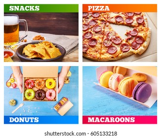 Pizza Pepperoni, Donuts And Macaroons. Glass Of Beer. Nachos Chips. Tortilla Snack. Mexican Salsa Nuts. Appetizer With Sweet Salsa Or Chilli Sauce. Mug Or Pint Of Ale. On Rustic Sackcloth Background