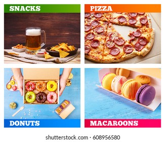 Pizza Pepperoni, Donuts And Macaroons. Glass Of Beer. Nachos Chips. Tortilla Snack. Mexican Salsa Nuts. Appetizer With Sweet Salsa Or Chilli Sauce. Mug Or Pint Of Ale. On Rustic Wooden Background