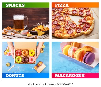 Pizza Pepperoni, Donuts And Macaroons. Glass Of Beer. Nachos Chips. Tortilla Snack. Mexican Salsa Nuts. Appetizer With Sweet Salsa Or Chilli Sauce. Mug Or Pint Of Ale. On Rustic Wooden Background