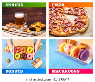 Pizza Pepperoni, Donuts And Macaroons. Glass Of Beer. Nachos Chips. Tortilla Snack. Mexican Salsa Nuts. Appetizer With Sweet Salsa Or Chilli Sauce. Mug Or Pint Of Ale. On Rustic Wooden Background