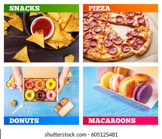 Pizza Pepperoni, Donuts And Macaroons. Nachos Chips. Delicious Salty Tortilla With Sweet Salsa Or Chilli Sauce. Snack On Rustic Plate. Sackcloth On Wooden Background. Sweet Desserts.