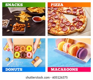 Pizza Pepperoni, Donuts And Macaroons. Nachos Chips. Tortilla Snack With Sweet Salsa Or Chilli Sauce. Mexican Salsa And Pistachios Nuts. Rustic Plate On Wooden Background. Sweet Desserts.