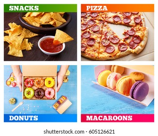 Pizza Pepperoni, Donuts And Macaroons. Nachos Chips. Delicious Salty Tortilla With Sweet Salsa Or Chilli Sauce On Wooden Background. Snack On Rustic Plate. Sweet Desserts.