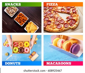 Pizza Pepperoni, Donuts And Macaroons. Nachos Chips. Tortilla Snacks. Mexican Salsa And Pistachios Nuts. On Rustic Wooden Background. Sweet Desserts.