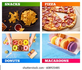 Pizza Pepperoni, Donuts And Macaroons. Nachos Chips. Tortilla Snack With Sweet Salsa Or Chilli Sauce. Mexican Salsa Nuts. Rustic Plate On Wooden Background. Sweet Desserts.