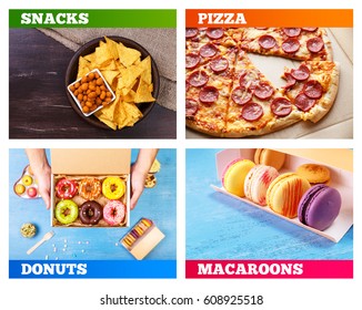 Pizza Pepperoni, Donuts And Macaroons. Nachos Chips. Tortilla Snacks. Mexican Salsa Nuts. Appetizer In Bar Or Pub. On Rustic Wooden Background. Sweet Desserts.