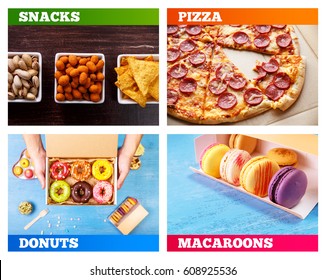 Pizza Pepperoni, Donuts And Macaroons. Nachos Chips. Tortilla Snacks. Mexican Salsa And Pistachios Nuts. On Rustic Wooden Background. Sweet Desserts.