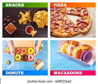 Pizza Pepperoni, Donuts And Macaroons. Nachos Chips. Tortilla Snack With Sweet Salsa Or Chilli Sauce. Mexican Salsa Nuts. Rustic Plate On Wooden Background. Sweet Desserts.