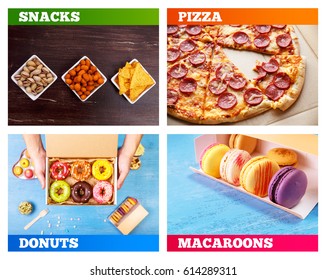 Pizza Pepperoni, Donuts And Macaroons. Nachos Chips. Tortilla Snacks. Mexican Salsa And Pistachios Nuts. On Rustic Wooden Background. Sweet Desserts.