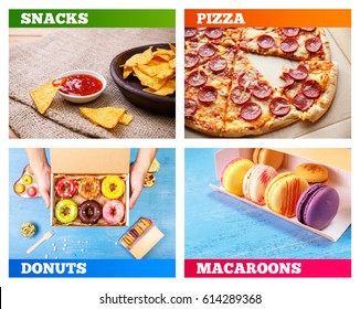 Pizza Pepperoni, Donuts And Macaroons. Nachos Chips. Delicious Salty Tortilla With Sweet Salsa Or Chilli Sauce On Sackcloth Background. Snack On Rustic Plate. Sweet Desserts.