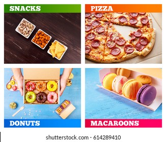 Pizza Pepperoni, Donuts And Macaroons. Nachos Chips. Tortilla Snacks. Mexican Salsa And Pistachios Nuts. On Rustic Wooden Background. Sweet Desserts.