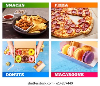 Pizza Pepperoni, Donuts And Macaroons. Nachos Chips. Tortilla Snack With Sweet Salsa Or Chilli Sauce. Mexican Salsa And Pistachios Nuts. Rustic Plate On Wooden Background. Sweet Desserts.