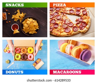 Pizza Pepperoni, Donuts And Macaroons. Nachos Chips. Tortilla Snack With Sweet Salsa Or Chilli Sauce. Mexican Salsa Nuts. Rustic Plate On Wooden Background. Sweet Desserts.