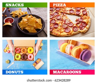 Pizza Pepperoni, Donuts And Macaroons. Nachos Chips. Tortilla Snack With Sweet Salsa Or Chilli Sauce. Mexican Salsa Nuts. Rustic Plate On Wooden Background. Sweet Desserts.