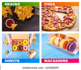 Pizza Pepperoni, Donuts And Macaroons. Nachos Chips. Delicious Salty Tortilla With Sweet Salsa Or Chilli Sauce On Wooden Background. Snack On Rustic Plate. Sweet Desserts.