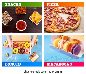 Pizza Pepperoni, Donuts And Macaroons. Nachos Chips. Tortilla Snacks With Sweet Salsa Or Chilli Sauce. Mexican Salsa And Pistachios Nuts. On Rustic Wooden Background. Sweet Desserts.