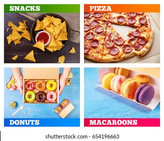 Pizza Pepperoni, Donuts And Macaroons. Nachos Chips. Delicious Salty Tortilla With Sweet Salsa Or Chilli Sauce. Snack On Rustic Plate. Sackcloth On Wooden Background. Sweet Desserts.