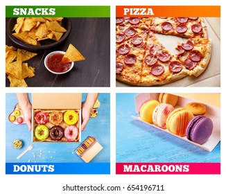 Pizza Pepperoni, Donuts And Macaroons. Nachos Chips. Delicious Salty Tortilla With Sweet Salsa Or Chilli Sauce On Wooden Background. Snack On Rustic Plate. Sweet Desserts.