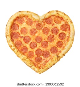 Pizza Pepperoni Heart Shaped Top View With Mozzarella Cheese, Salami, Template For Your Design And Menu Of Restaurant, Isolated White Background. Valentine Day Pizza Concept.