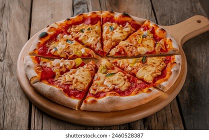 A pizza with pepperoni, olives, mushrooms, and bell peppers and others - Powered by Shutterstock