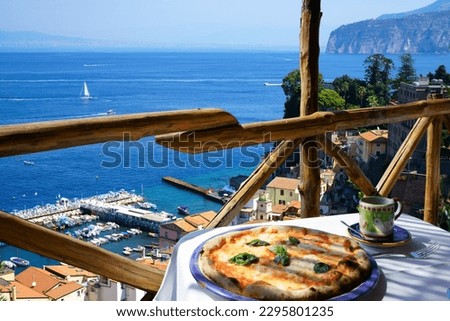 Pizza place terrace overlooking to Sorrento coast, Italy