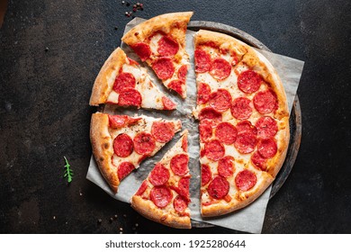 pizza salami pepperoni cheese fast food portion on the table cooking meal snack outdoor top view copy space for text food background rustic image