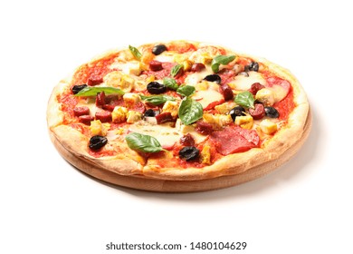 Pizza With Sausage, Meat, Cheese, Basil And Olives Isolated On White Background