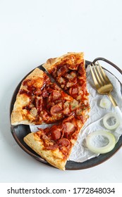 Pizza With Sausage Topping, Meatballs, Cheese, Splash Of Tomato Sauce And Barbecue Make This Pizza So Delicious,on White Background