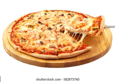 Pizza with seafood, mozzarella, mussels, octopus, squid, salmon, shrimp on an isolated white background.
