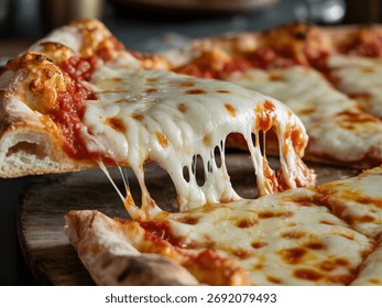 Pizza Slice with Cheese Pull , melted mozzarella, tomato sauce, lifted slice, classic Italian favorite, gooey cheesy pull, appetizing pizza photography.