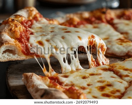 Pizza Slice with Cheese Pull , melted mozzarella, tomato sauce, lifted slice, classic Italian favorite, gooey cheesy pull, appetizing pizza photography.