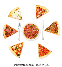 Pizza slice with different toppings and plate with fork and knife isolated on white background.